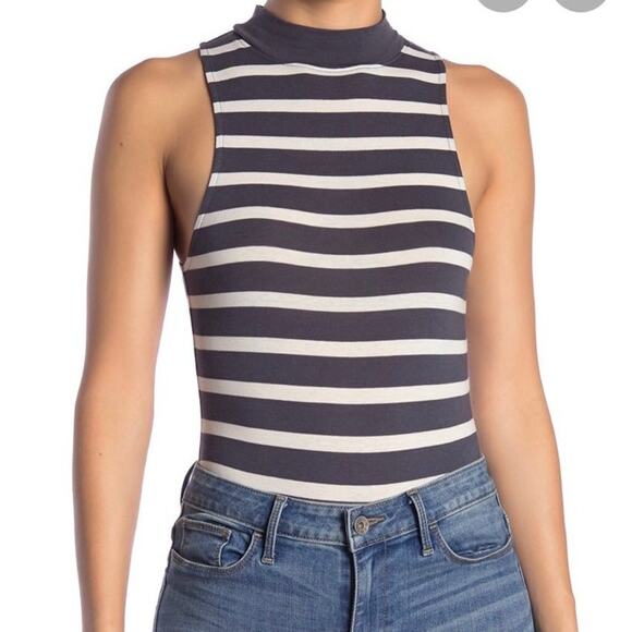 Abound Gray & White Stripe Sleeveless Mock Neck Bodysuit L - Picture 1 of 14